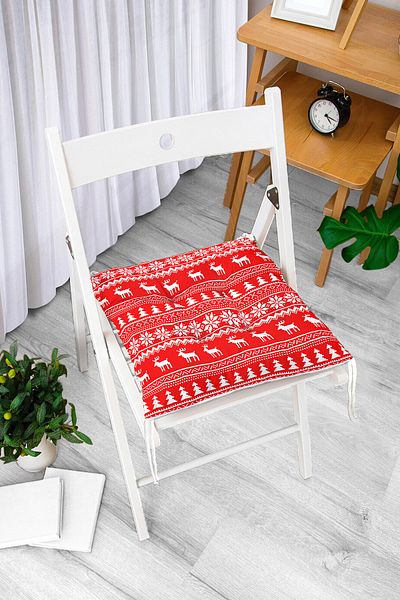 Realhomes Cross Stitch Deer Patterned Fluffy Chair Cushion with Red Background