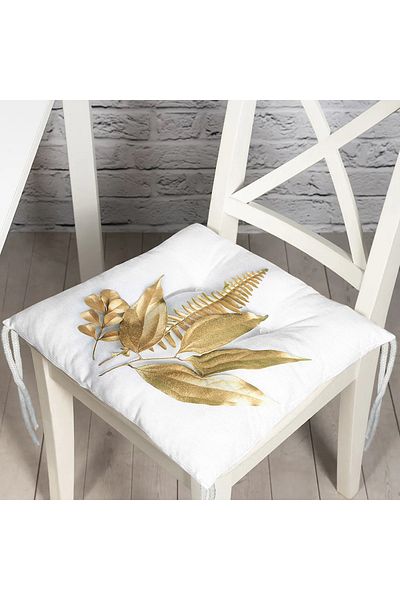 Realhomes 3D Gold Looking Leaves Patterned Modern Fluffy Chair Cushion