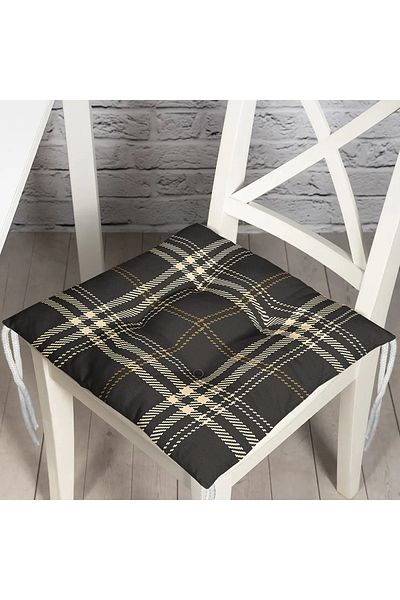 Realhomes Black Background Plaid Patterned Digital Printed Puffy Square Chair Cushion