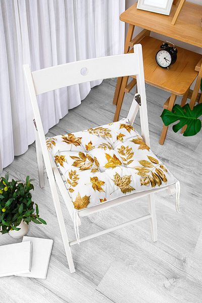 Realhomes Gold Leaves Patterned Digital Printed Pouf Chair Cushion on White Background