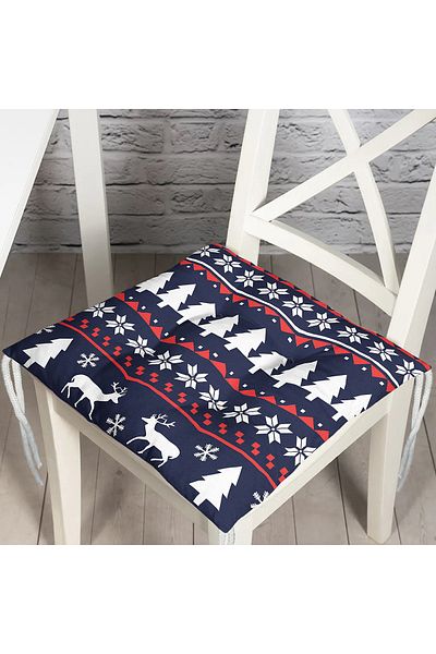 Realhomes Navy Blue Floored Tree and Deer Patterned Fluffy Square Chair Cushion