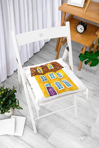 Realhomes Minyatür Sarı Ev Çizimli Dijital Baskılı Modern Pofidik Sandalye Mi...