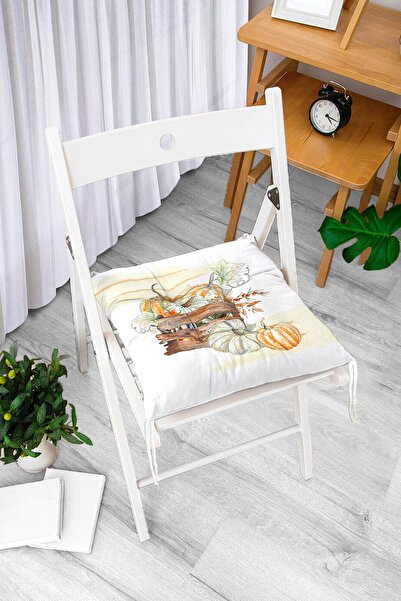 Realhomes Beyaz Zemin Üzerinde Balkabağı Desenli Dijital Baskılı Modern Pofidik Sandalye Minderi