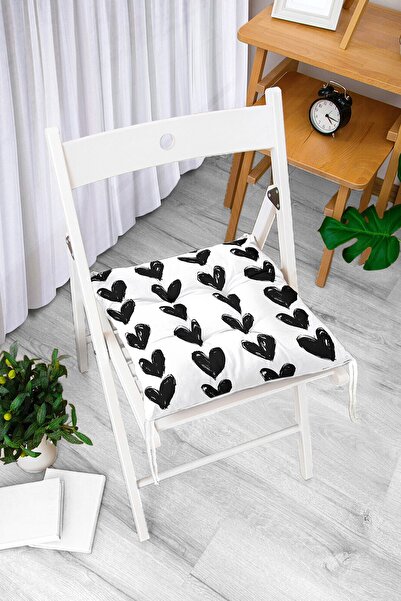 Realhomes Siyah Kalp Desenli Dijital Baskılı Modern Pofidik Sandalye Minderi