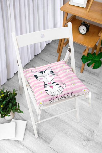 Realhomes So Sweet Pembe Çizgili Sevimli Kedi Modern Pofidik Sandalye Minderi