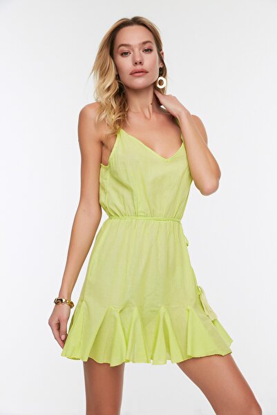 Trendyol Collection Żółta, wiązana, szczegółowa sukienka plażowa z woalu TBESS21EL3302