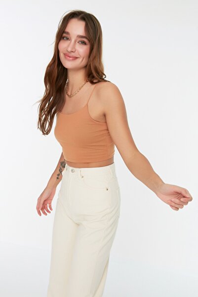 Trendyol Collection Skořicový bavlněný řemínek na špagety Fitted/Fitted Crop Stretch Pletené tílko TWOSS20AL0006