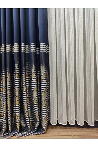 perhal perde ve halı Gold Yellow Striped Steel Glitter 1-2 Sparse Pleat Tulle Curtain