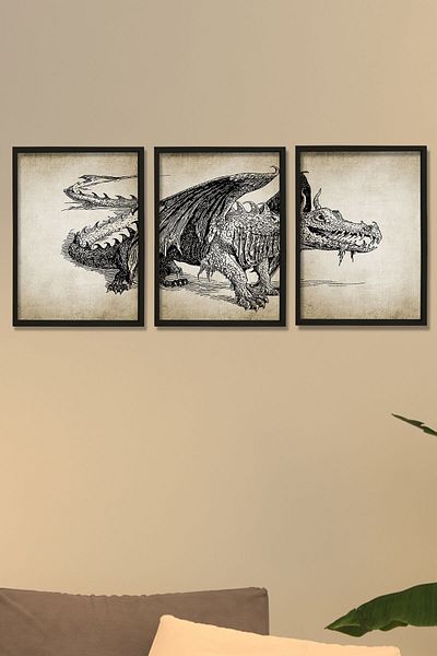 Dekor Loft Pictură de perete cu rame din pin natural Dragon Wall Art Set de 3 picturi