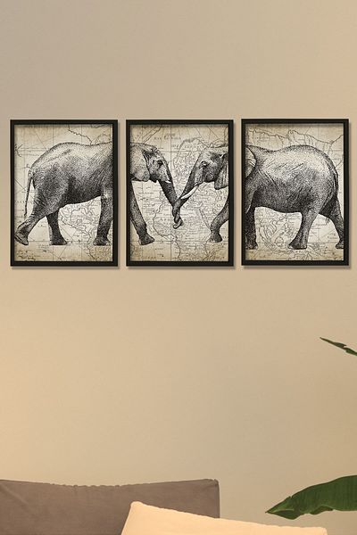 Dekor Loft Pictură de perete cu cadru de pin natural elefant antic și artă hartă