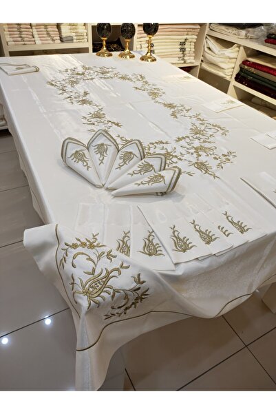 incisecrethome طقم مفرش طاولة قطني مطرز بالذهب (1 مفرش طاولة + 12 منديل + 12 ...