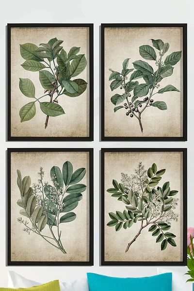 Dekor Loft Set de 4 picturi murale cu rame din pin natural, plante verzi antice
