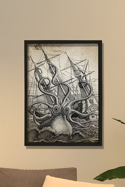 Dekor Loft Ζωγραφική τοίχου με φυσικό πεύκο Αρχαίο Kraken και πλοίο