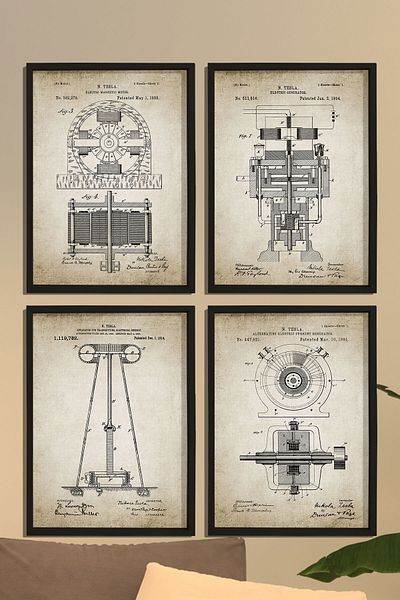 Dekor Loft Pictură de perete în cadru de pin natural Tesla Electromagnetic Patent Set 1888 An