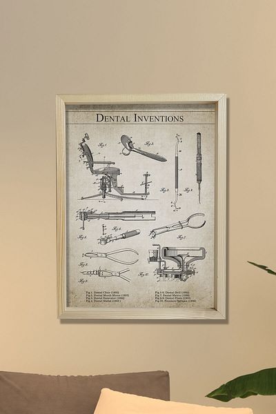 Dekor Loft Οδοντιατρικό δωμάτιο Οδοντιατρικός εξοπλισμός 8 εκτυπωμένοι πατέντες ξύλινος πίνακας από το 1892- 1906