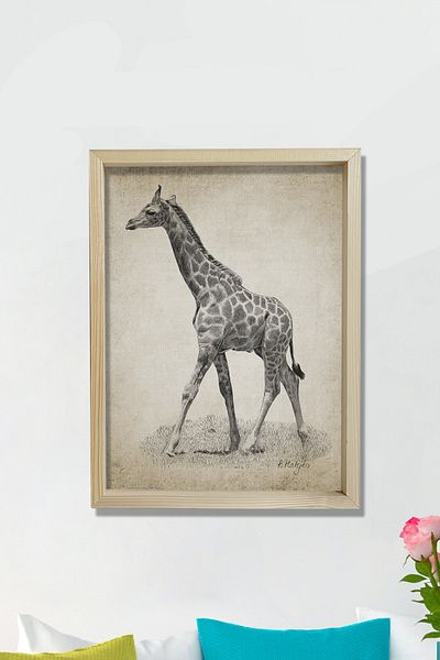 Dekor Loft Pictură murală înrămată din pin natural, desen cu cărbune antic, girafă