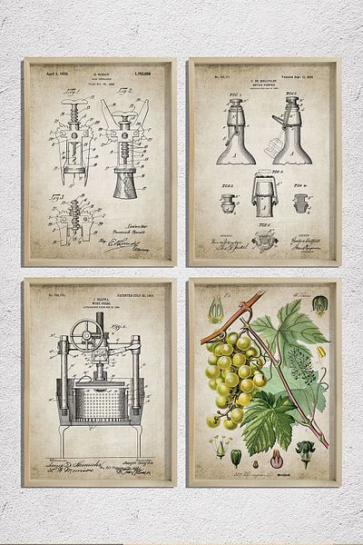 Dekor Loft Set de pictură murală cu cadru de pin natural Wine Mahseni Patent Set 1898 An