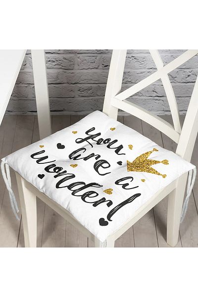 Realhomes Gilded Text Patterned Digital Printed Fluffy Square Chair Cushion