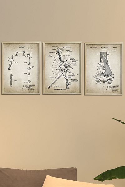 Dekor Loft Ζωγραφική τοίχου με φυσικό πεύκο με πλαίσιο American Spacecraft Voyager Patent Print 1963