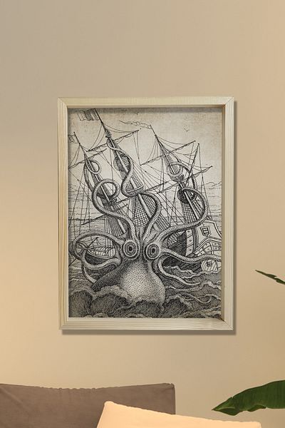Dekor Loft Pictură murală într-un cadru de pin natural Kraken și navă antice