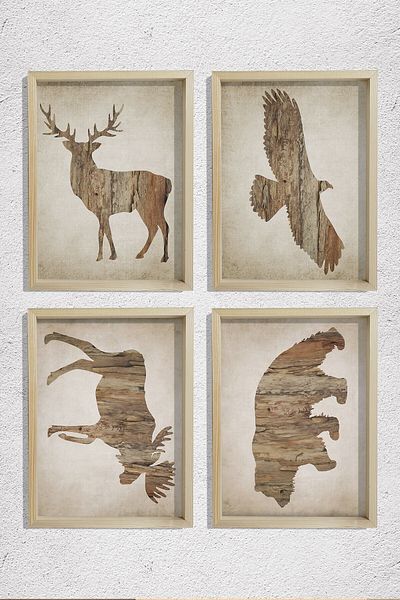 Dekor Loft Set de 4 tablouri de perete cu cadru de pin natural, artă de perete cu animale din America de Nord