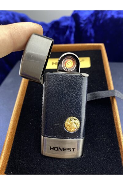 Honest Usb Şarjlı Deri Kaplama Metal Şarjlı Siyah Çakmak