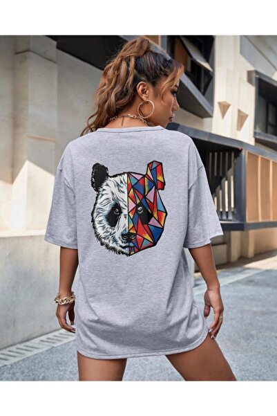 AFROGİYİM Жіночий принтований принт на спині з сірою пандою оверсайз