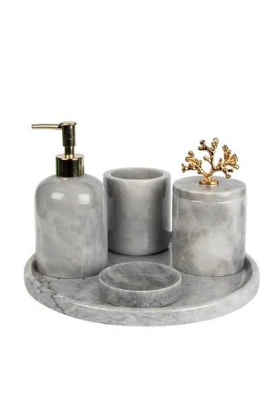 Sümeyra Marble Art Διακοσμητικό Σετ Μπάνιου από Φυσικό Γκρι Μάρμαρο Χρυσό Κοράλλι με λεπτομέρειες