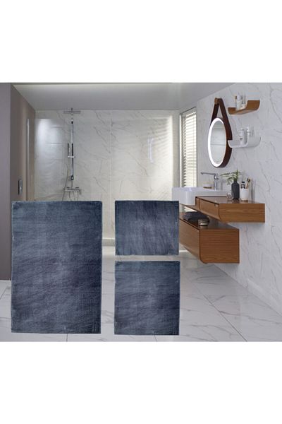 Sarar Post Plush Large Size Xxl Bath Mat Set of Three Plush Non-Slip Gel Base Washable Anthracite
