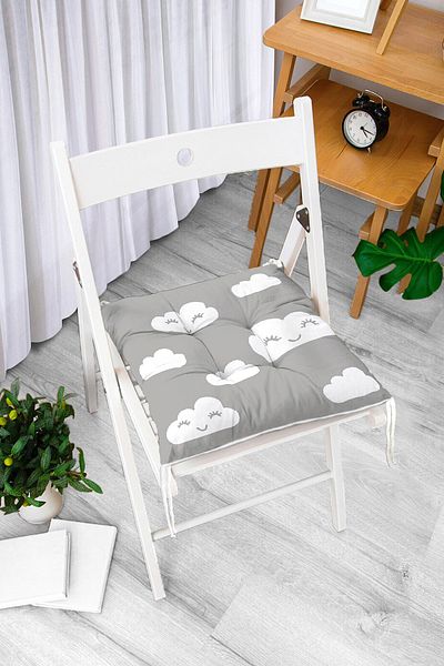 Realhomes Digital Printed Fluffy Square Chair Cushion with Gray Floor and Cloud Motif
