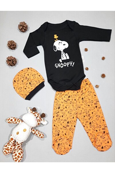 minibird baby Unisex Bebek Turuncu Snoopy Baskılı 3'lü Zıbın Takımı