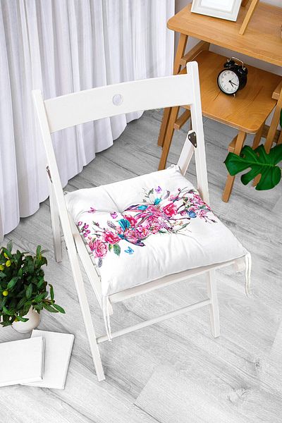 Realhomes Şarmaşık Rose Patterned Digital Printed Fluffy Chair Cushion with Bird Motif