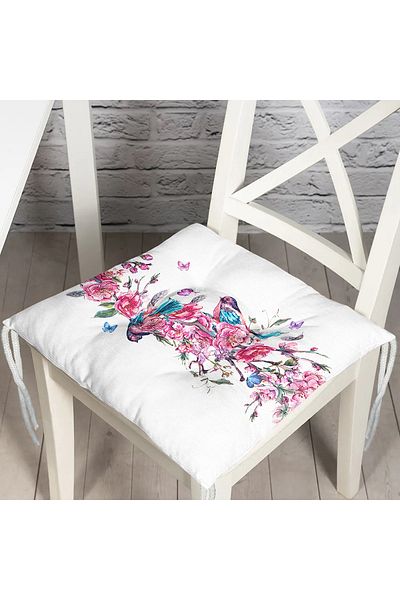 Realhomes Şarmaşık Rose Patterned Digital Printed Fluffy Chair Cushion with Bird Motif
