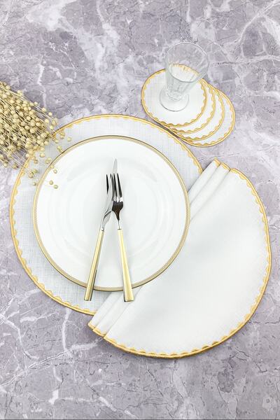 WEARE2 Set de 8 piese brodate rotunde de culoare aurie, șervețele americane ș...