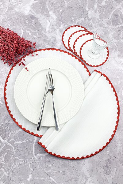 WEARE2 Set de 8 piese brodate rotunde de culoare roșie, șervețele americane ș...