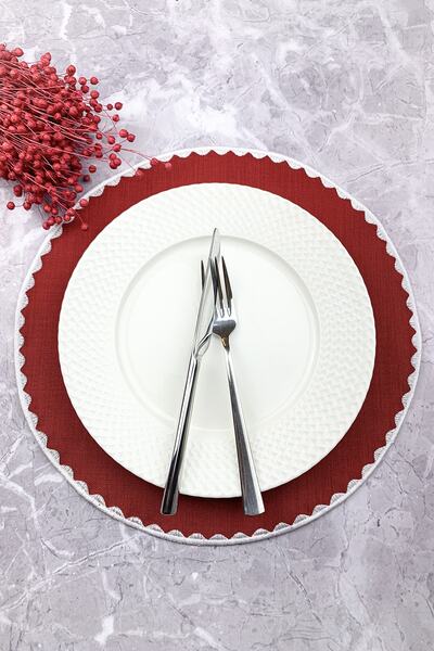 WEARE2 Bordo Renkli Yuvarlak Nakışlı Amerikan Servis