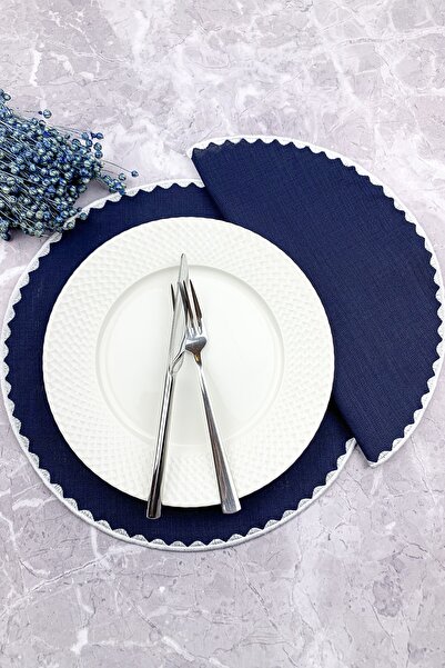 WEARE2 Set american de 2 piese, rotund, brodat, de culoare bleumarin