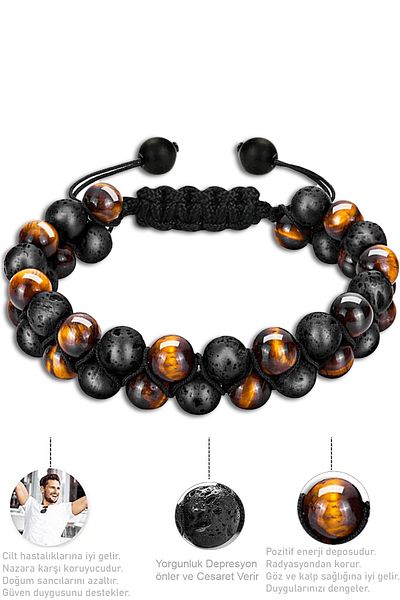 Tesbih Atölyesi High Quality Certified Natural Tiger - Eye Lava Stone Bracelet