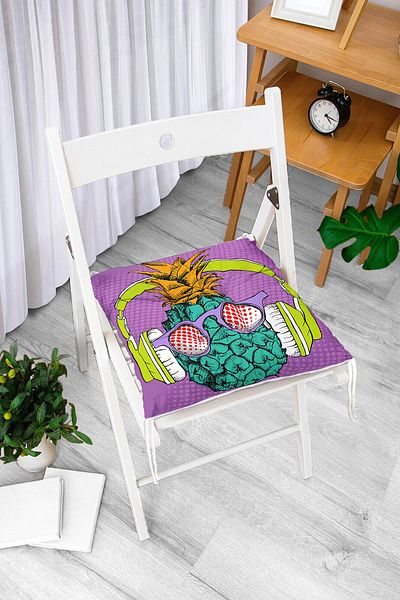 Realhomes Digital Printed Fluffy Chair Cushion with Tropical Pineapple Pattern on Purple Background