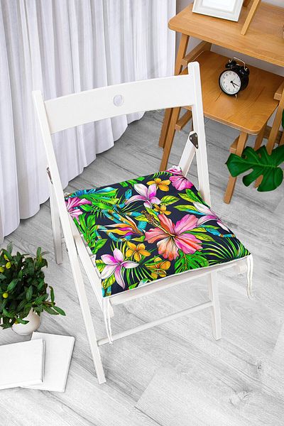 Realhomes Tropical Patterned Digital Printed Pouf Chair Cushion with Dark Blue Background