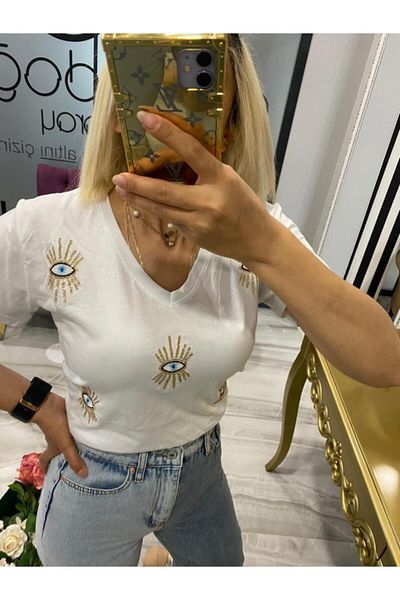 JADE White V-Neck Eye Embroidered T-Shirt