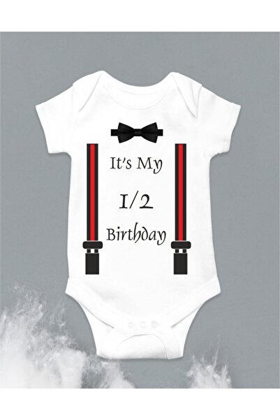Limon Half Birthday 6 Ay Doğum Günü Askı Ve Papyon Baskılı Bebek Body Zıbın