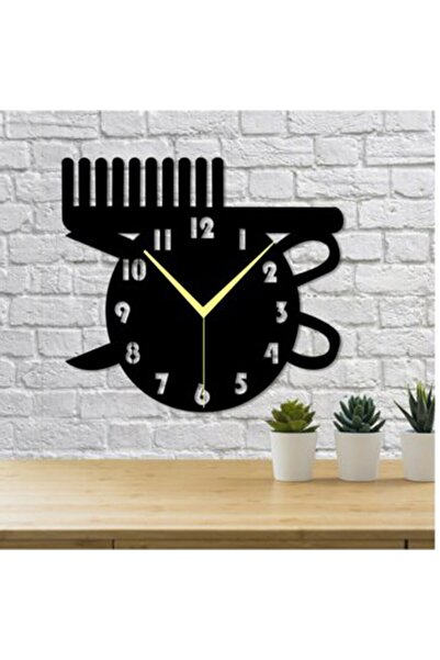 GİZEM SHOP Kuaför Tarak Temalı Dekoratif 47x42cm Duvar Saati Beyaz Üzerine Siyah