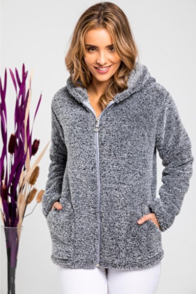 NURSEY Peluş Kapüşonlu Gri Mont