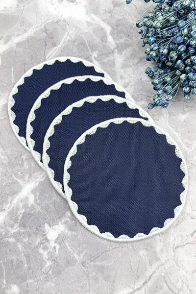 WEARE2 Șervețele de cocktail rotunde, brodate, de culoare bleumarin, pachet de 4