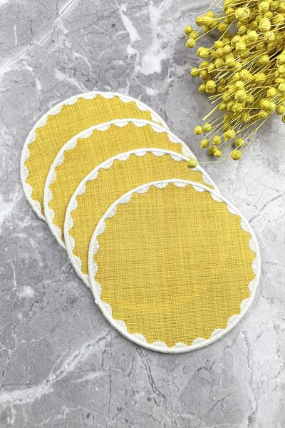 WEARE2 Șervețele de cocktail rotunde, brodate, de culoare muștar, set de 4