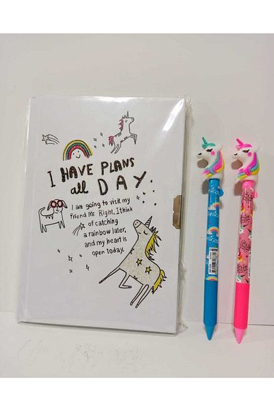 ÇINAR DEFTER Set de caiete de amintiri Unicorn Locked și 2 pixuri Unicorn cu vârf de 0,7