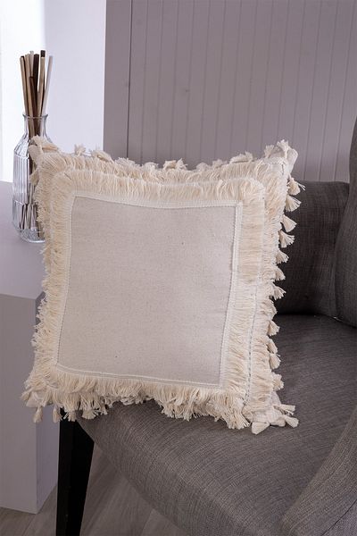 vivamaison Single Special Design Ecru Linen Four Corner Pompom Tassel Throw Pillow Pillow Case