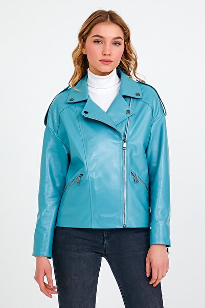 Leather Club Turkuaz Oversize Deri Ceket