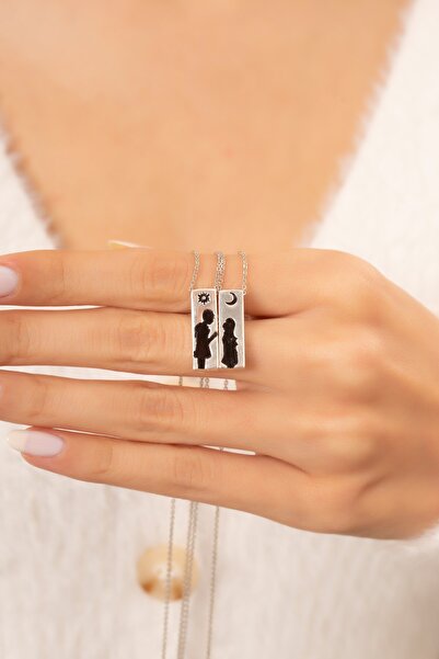 Eva Jewelry Ay Ve Güneş Motifli Gümüş Kaplama Çift Kolye